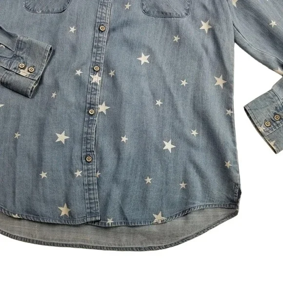 Natural Reflections Button Up Chambray Shirt Womens Sz M Star Print Blue Lyocell - Picture 14 of 14